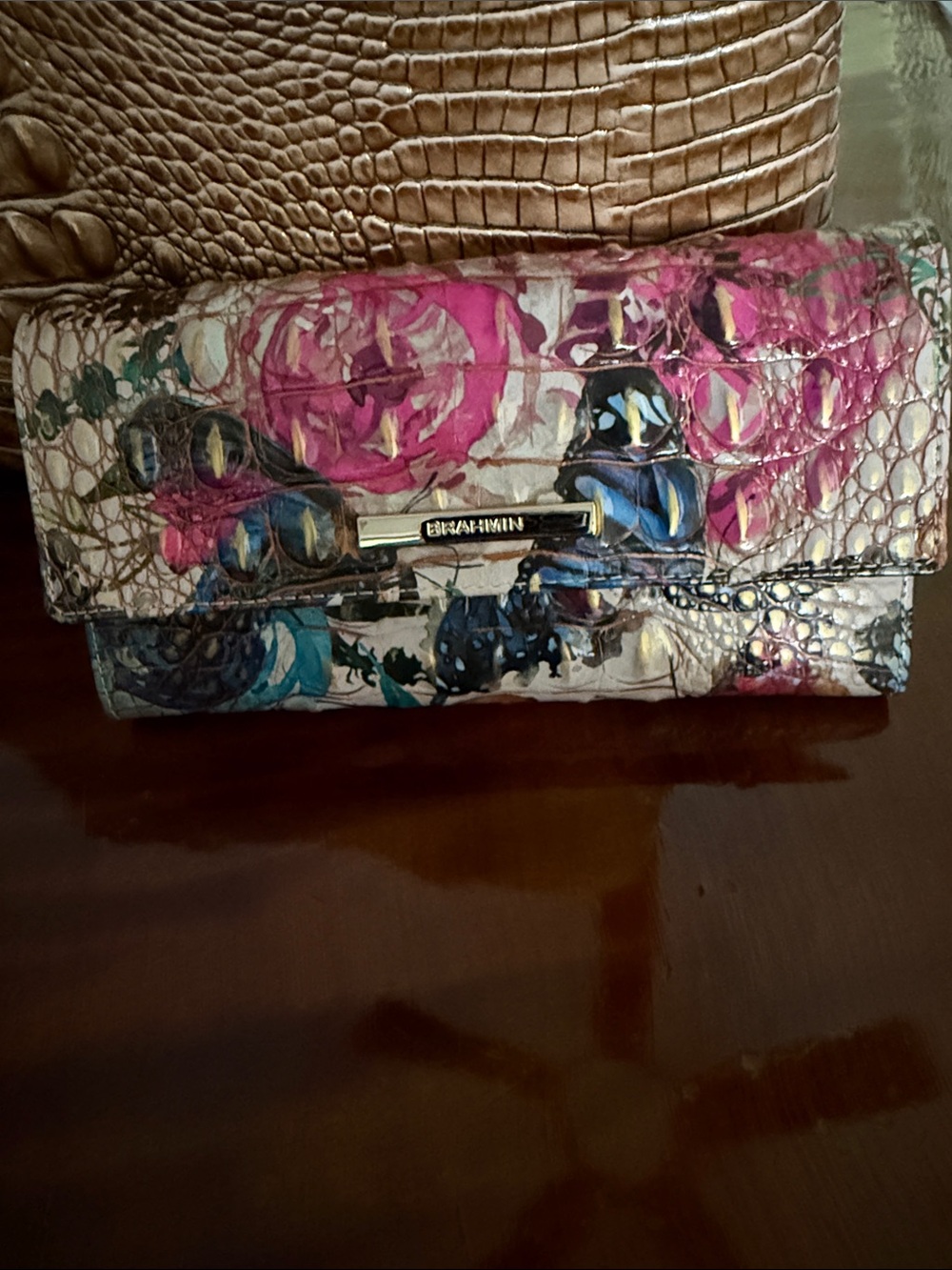 BRAHMIN Floral Pink Blue Cream Leather Wallet Clutch